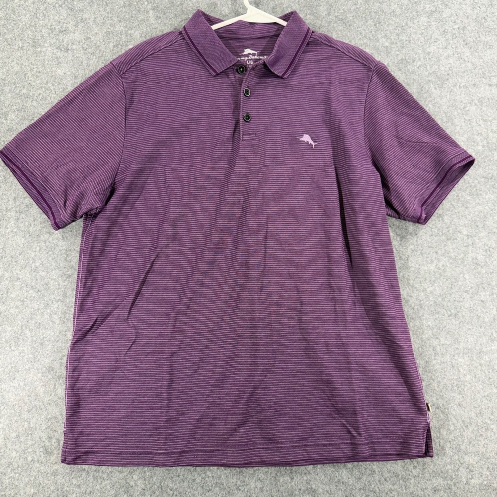 Tommy Bahama Mens Large Purple Striped Polo Shirt Short Sleeve‎ Size L